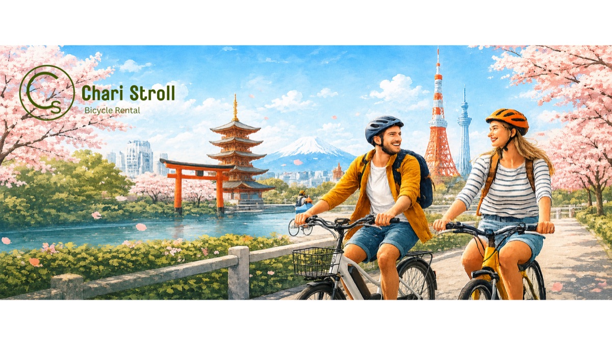 東京タワーや五重塔、桜並木を背景に自転車で散策する旅行者のイラスト